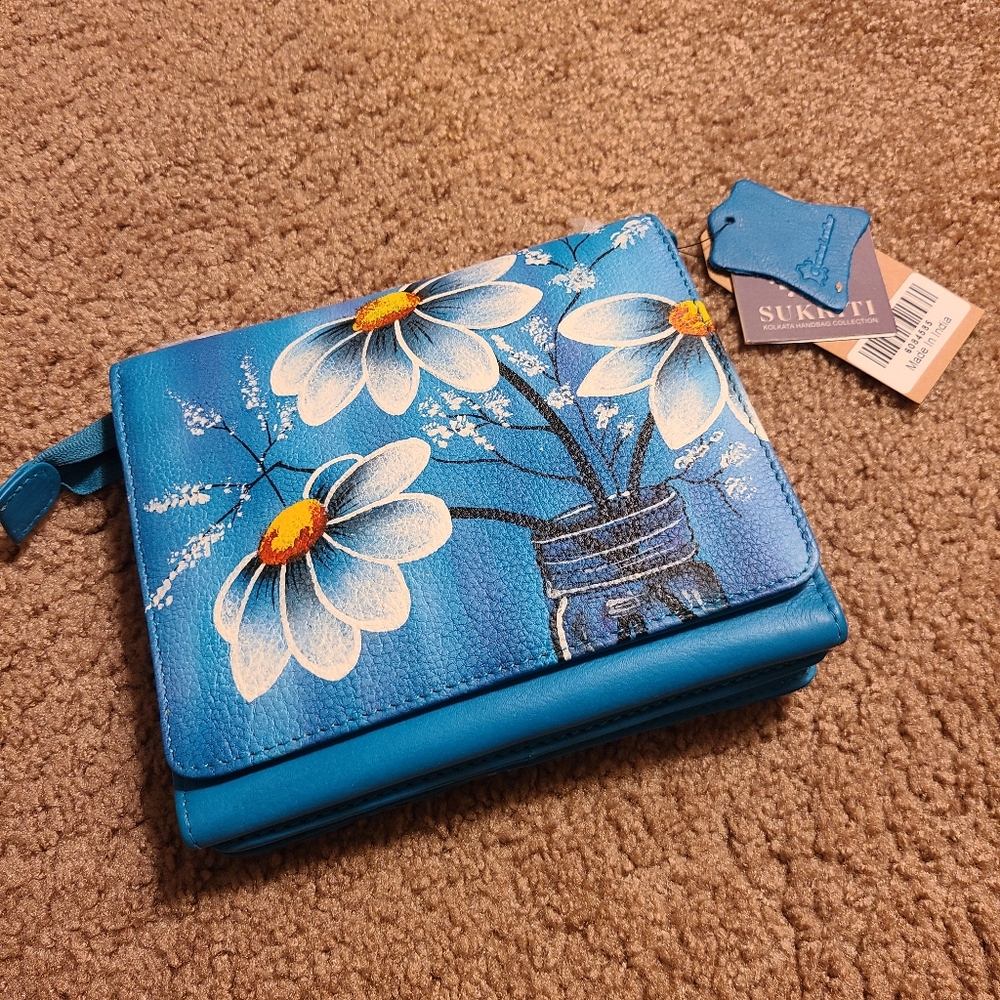 SUKRITI Blue Floral Theme Genuine Leather Ladies Crossbody Bag